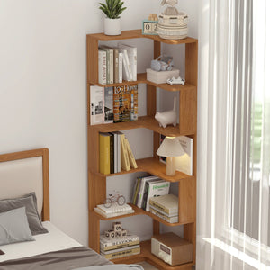English Elm 6 Tier Freestanding L-Shaped Corner Bookshelf with Anti-Tip, Rounded Corners, 3D Wood Grain Finish Dark Oak W2899P372855