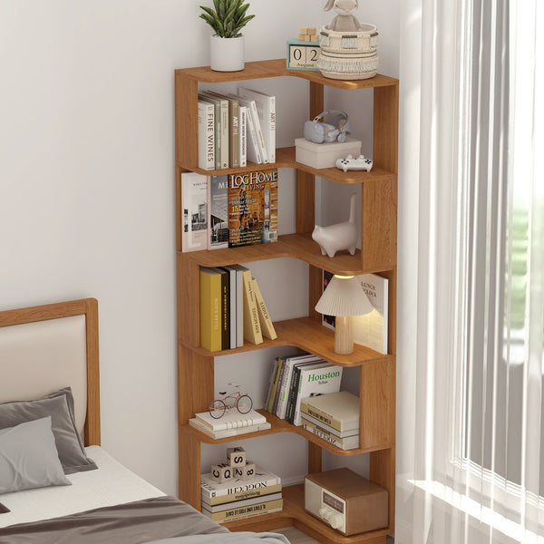 English Elm 6 Tier Freestanding L-Shaped Corner Bookshelf with Anti-Tip, Rounded Corners, 3D Wood Grain Finish Dark Oak W2899P372855