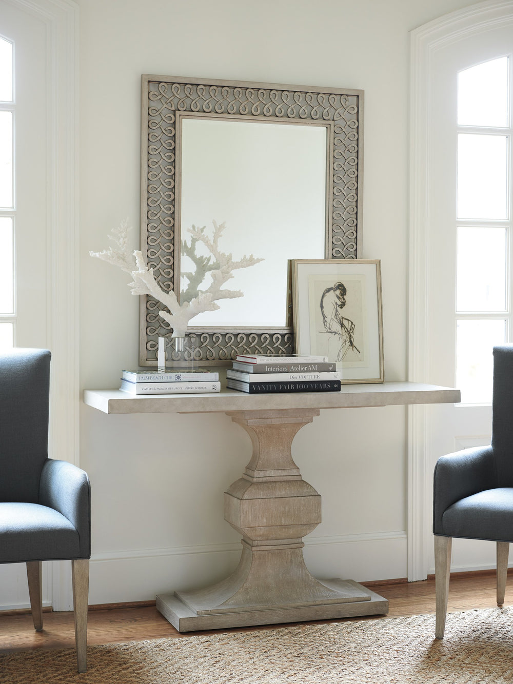 Lexington Barclay Butera Tivoli Console - Elegant Design With Cast Concrete Top And Contemporary Pedestal Base For Stylish Living Dune  926-967c