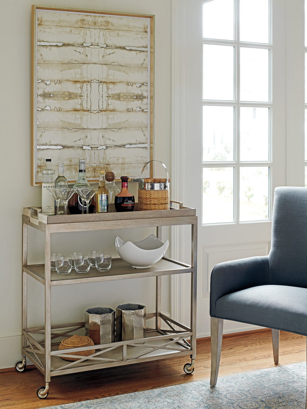 Lexington Barclay Butera Anacapa Bar Cart: Stylish Metal & Wood Design With Removable Tray, Industrial Casters & Elegant Finish Dune  926-862