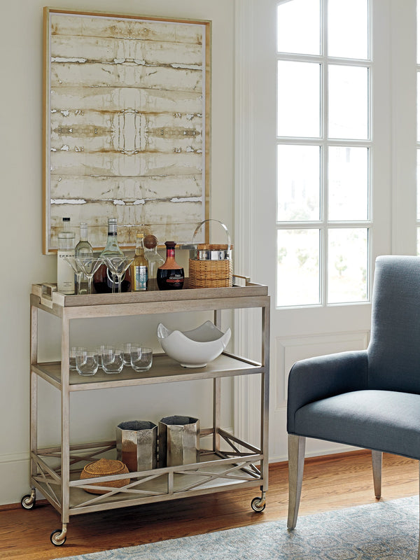 Lexington Barclay Butera Anacapa Bar Cart: Stylish Metal & Wood Design With Removable Tray, Industrial Casters & Elegant Finish Dune  926-862