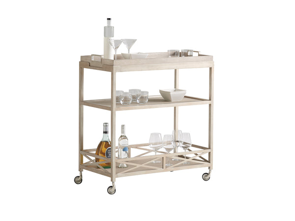 Lexington Barclay Butera Anacapa Bar Cart: Stylish Metal & Wood Design With Removable Tray, Industrial Casters & Elegant Finish Dune  926-862