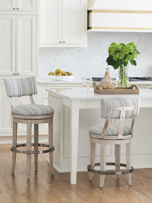 Lexington Barclay Butera Cliffside Swivel Bar Stool - Elegant Upholstered Design With Decorative Metal Back And Soft Linen Dune  926-896-40
