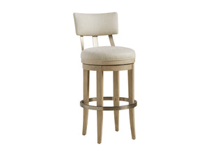 Lexington Barclay Butera Cliffside Swivel Bar Stool - Elegant Upholstered Design With Decorative Metal Back And Soft Linen Dune  926-896-01