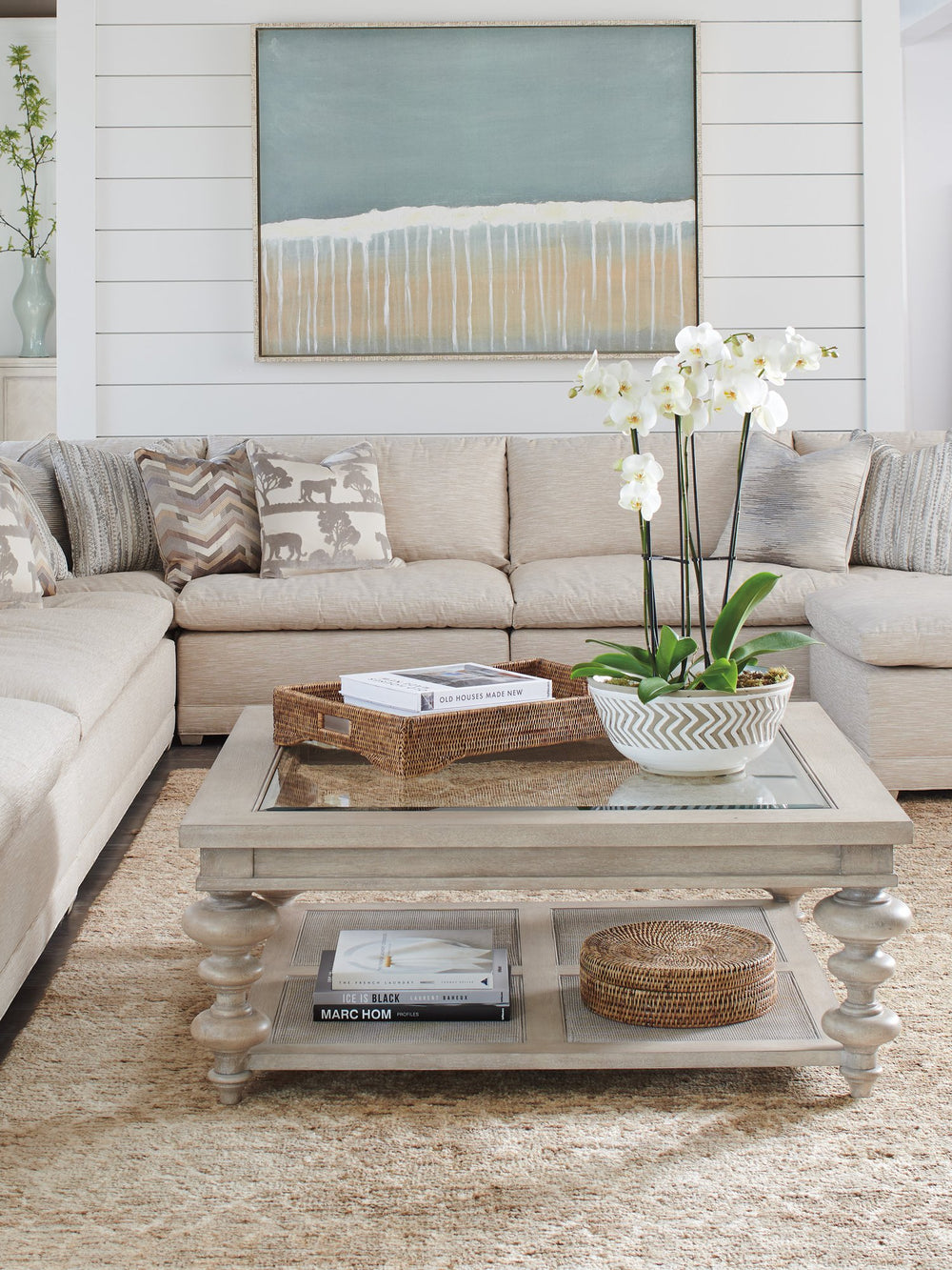 Lexington Barclay Butera Castlerock Cocktail Table - Elegant Neo-traditional Design With Glass Top And Woven Cane Shelf Dune  926-945