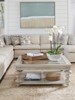 Lexington Barclay Butera Castlerock Cocktail Table - Elegant Neo-traditional Design With Glass Top And Woven Cane Shelf Dune  926-945