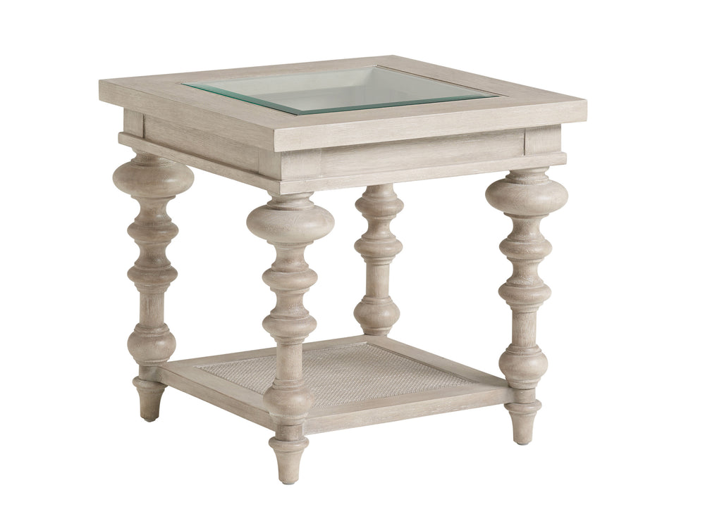 Lexington Barclay Butera Castlerock End Table - Elegant Neo-traditional Design With Glass Top And Woven Cane Shelf For Living Spaces Dune  926-955