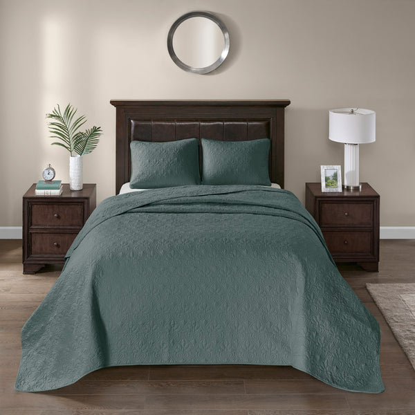 JLA Home Madison Park - 3 Reversible Bedspread Set with Quilted Stitch Texture, Antimicrobial Cotton Fill & Oversized Drape Balsam Green MP13-8481