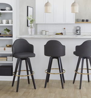 English Elm Fixed-height Swivel Barstools Charcoal Upholstered Seats Gold Footrest Set of Two B202S01863
