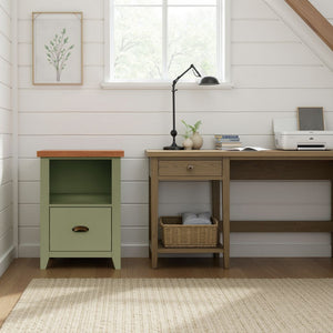 English Elm 22 22 inch One Drawer File Cabinet - Sage Green & Fruitwood Two-Tone, Farmhouse Style, Fully Assembled, Oil-Rubbed Bronze Hardware B108P160218