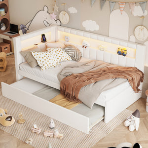 English Elm Upholstered Twin Platform Bed with Trundle, Linen Backrest, Built-In USB Ports & LED Accent Lighting White DL001919AAK