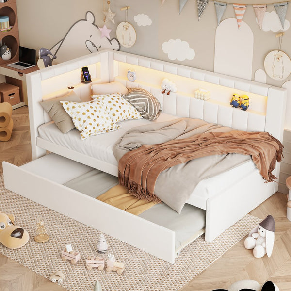 English Elm Upholstered Twin Platform Bed with Trundle, Linen Backrest, Built-In USB Ports & LED Accent Lighting White DL001919AAK