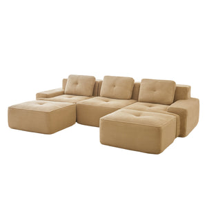 English Elm 117" Modern U-Shaped Modular Sectional Sofa With Movable Ottoman, Plush Camel Corduroy, Ergonomic Comfort W714S01469