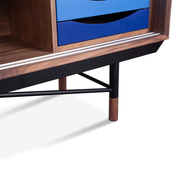 English Elm Finn Juhl Mid-century Walnut Veneer Sideboard with Sleek Steel Legs Dining Storage Blue,White B353S00012