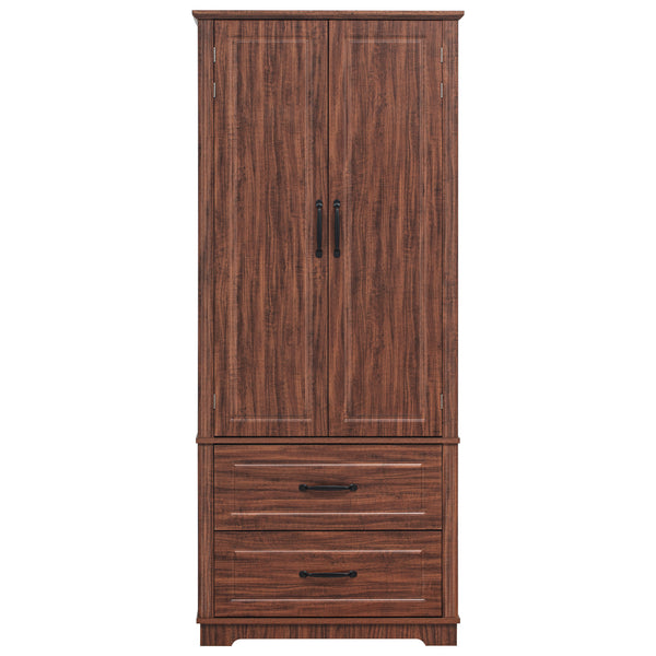 English Elm K&K 71" Farmhouse Pantry Cabinet with Embossed Texture, 2 Drawers, 8 Door Racks, Adjustable Shelves, Anti-Tip Stability Brown N707P254905Z