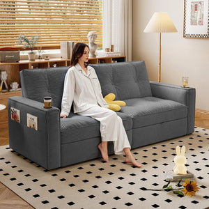 English Elm SOMNUS Convertible Sofa Bed with Corduroy Upholstery, Space-Saving 2-in-1 Design, Durable Steel Frame Grey W3820S00013