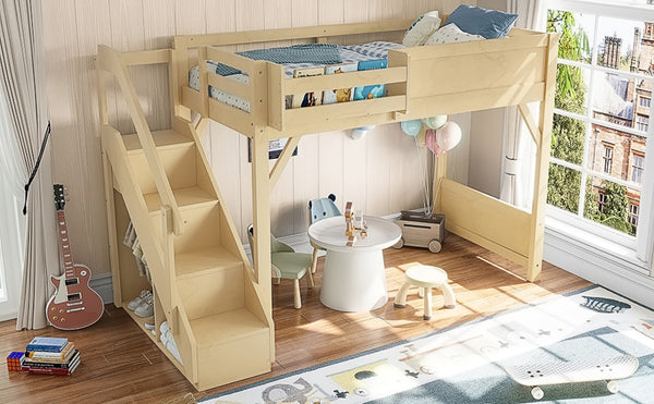 English Elm Twin Low Loft Bed Solid Pine Frame Kids Study Desk Blackboard Storage White Natural W1580S00547