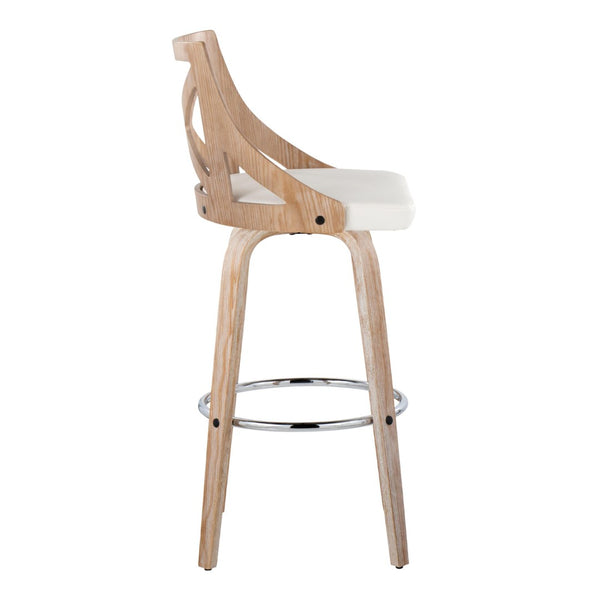 English Elm Fixed-height Swivel Barstools Whitewashed Wood Faux Leather Seat Chrome Footrest Set 2 B202S01890