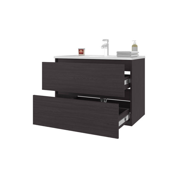 English Elm Smoot Wenge Floating Vanity with Sink and Two Soft-Close Drawers, Scratch-Resistant Modern Wall-Mount B128P314804