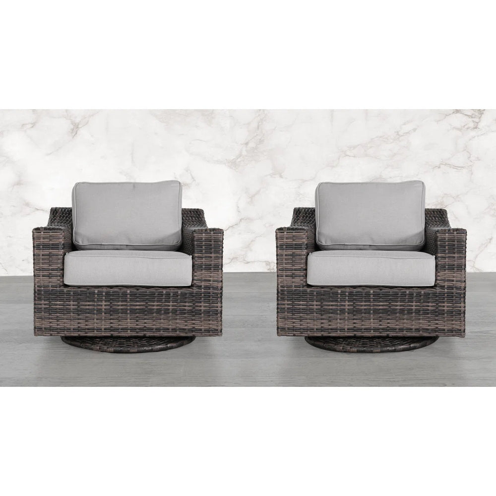 English Elm LSI Swivel Patio Chair Set of 2 — 360° Rotating HDPE Wicker, Rust‑Resistant Aluminum, Plush Cushions B120S00059