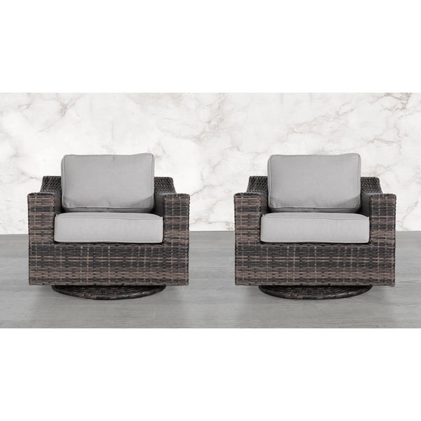 English Elm LSI Swivel Patio Chair Set of 2 — 360° Rotating HDPE Wicker, Rust‑Resistant Aluminum, Plush Cushions B120S00059