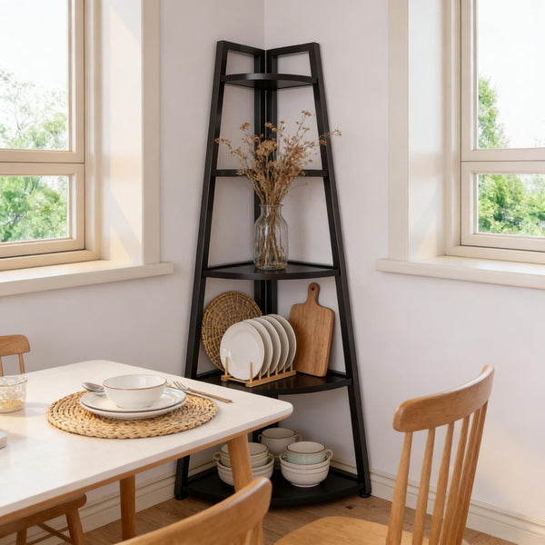 English Elm Tall 5 Tier Corner Ladder Bookshelf with Metal Frame for Living Room Storage T3971P453200