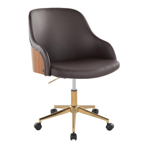English Elm Office Chair with Walnut Frame Gold Base and Brown Faux Leather Mid-century Swivel B202P474167