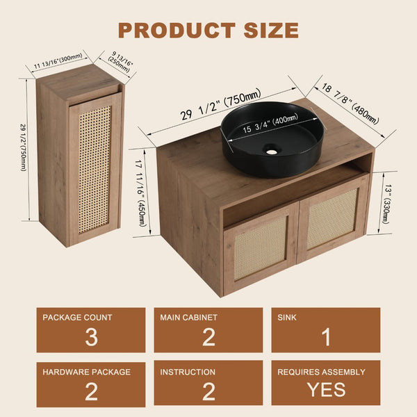 English Elm 30" Floating Bathroom Vanity Set with Ceramic Vessel Sink and Rattan Side Cabinet W999S00496