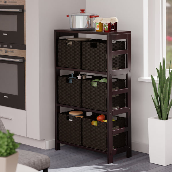 Winsome Wood Leo 7-piece Storage Shelf Set With 6 Foldable Baskets In Espresso & Chocolate For Stylish Organization Espresso Solid Wood 92711-winsome-wood