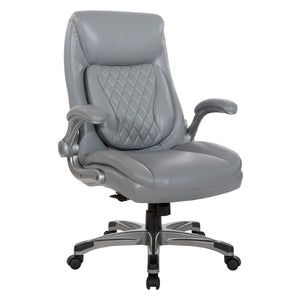 OSP Home Furnishings Executive Tufted Bonded Leather Office Chair with Lumbar Support and Flip up Arms Grey ECH75137-EC2