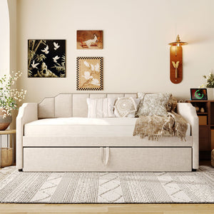English Elm Twin Linen Upholstered Daybed with Pop up Trundle and Built in Usb Charging Beige SF000199AAA