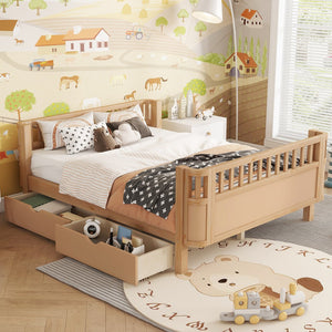 English Elm Full Solid Wood Kids Platform Bed with Guardrail, Low-Profile Durable Pine & MDF, 350LB Capacity Natural 69.69 L x 18.5 W x 8.66 H W2593P331687