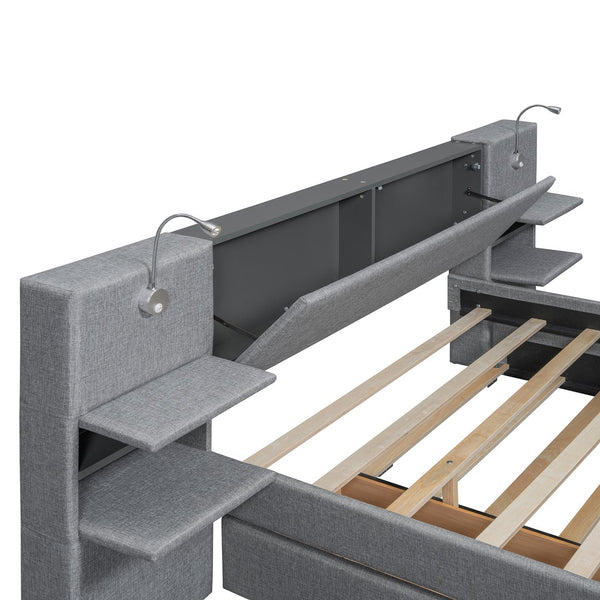 English Elm Queen Linen Upholstered Platform Bed with Storage Drawers, Trundle, Flip-Up Headboard & Lights Gray SF000187AAE