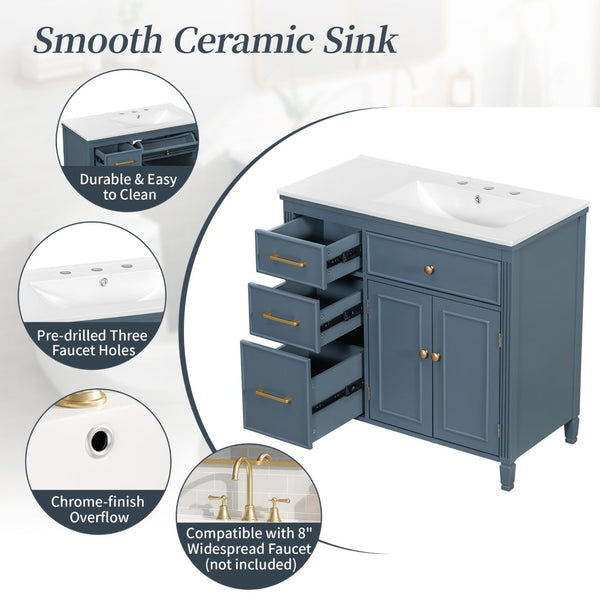English Elm [video] 36 Inch Freestanding Bathroom Vanity Ceramic Sink Acacia Legs Gray Blue Cabinet N759P284623C