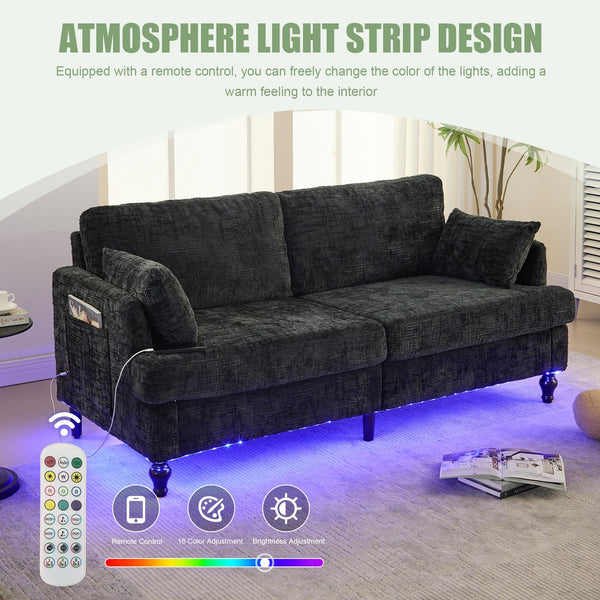 English Elm Modern chenille 2-seater sofa with LED lighting, USB charging, storage pocket, sturdy wood legs Black W395P318548