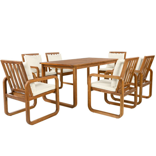 English Elm Outdoor Acacia Wood Dining Set Seats Six with Cushioned Armrest Chairs for Patio Beige,Natural Wood N719Z000200A