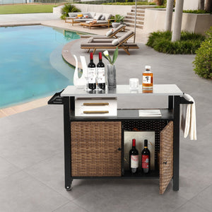 English Elm Outdoor Kitchen Wicker Island Rolling Cart With Storage, Stainless Steel Top, Wheels & Wine Rack W640P256897