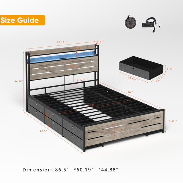 English Elm Queen-size Storage Platform Bed with Led Headboard 12 Drawers and Charging Station Gray W5026P404143