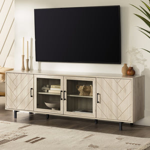 English Elm Walker Edison - Modern Scandinavian 4-Door Herringbone TV Stand 70" with Tempered Glass, Adjustable Shelves, Cord Management Light Brown 75 L x 21 W x 7 H B185P169388