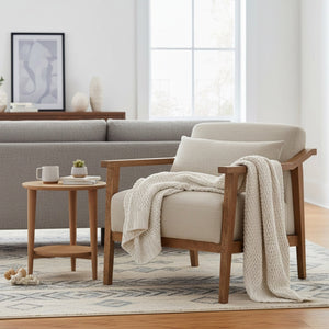 English Elm Reagan Mid-Century Wood Arm Accent Chair with Lumbar Pillow, Walnut Frame, Durable Upholstery Comfort Off White B050P390599