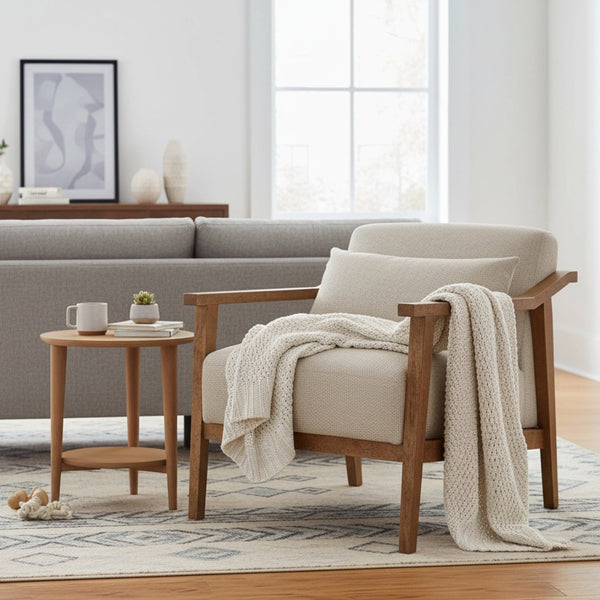 English Elm Reagan Mid-Century Wood Arm Accent Chair with Lumbar Pillow, Walnut Frame, Durable Upholstery Comfort Off White B050P390599