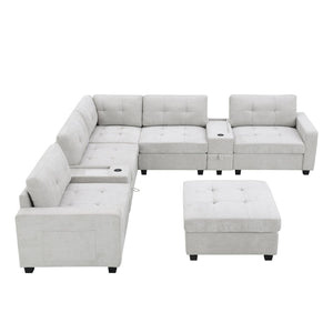 English Elm [new U-shaped Chenille Sectional Six Seat Tufted Couch with Usb Charging Storage Light Gray N723S1191K