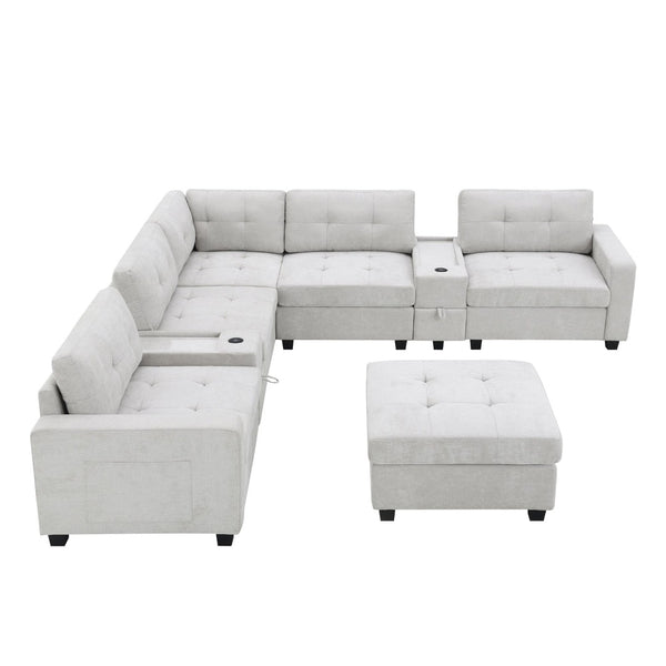 English Elm [new U-shaped Chenille Sectional Six Seat Tufted Couch with Usb Charging Storage Light Gray N723S1191K
