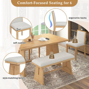 English Elm Trexm Six Piece Farmhouse Dining Set Wire Brushed Oak Veneer Table Linen Chairs Bench Natural ST000155AAN