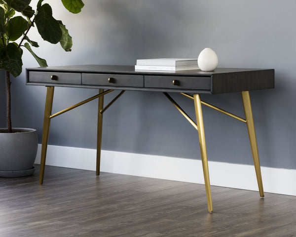 Sunpan Giana Desk - Rustic Acacia Wood Veneer with Smoked Grey Finish & Brass Pulls for Stylish Storage