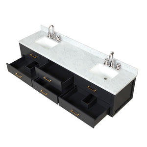 English Elm Black Double Bath Vanity 84" W x 22" D with Carrara Marble Top, Chrome Gooseneck Faucets, Soft-Close cabinetry B2731P258138