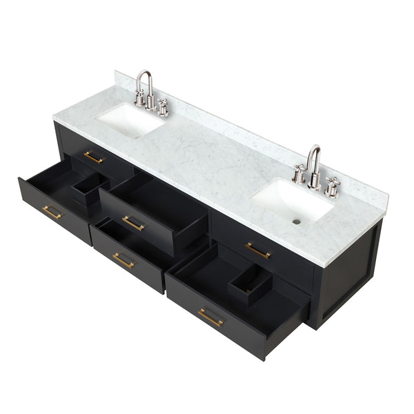 English Elm Black Double Bath Vanity 84" W x 22" D with Carrara Marble Top, Chrome Gooseneck Faucets, Soft-Close cabinetry B2731P258138