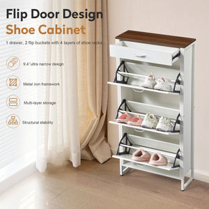 English Elm Shoe Storage Cabinet Slim 3 Flip Drawers + 1 Drawer, Holds 12-15 Pairs, Durable MDF & Metal Frame, Alabaster090 W2948P245239