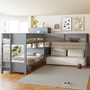 English Elm Twin L-shaped Bunk Bed Pine Wood Corner Design with Desk Drawers and Usb Charging Gray N820S00079E
