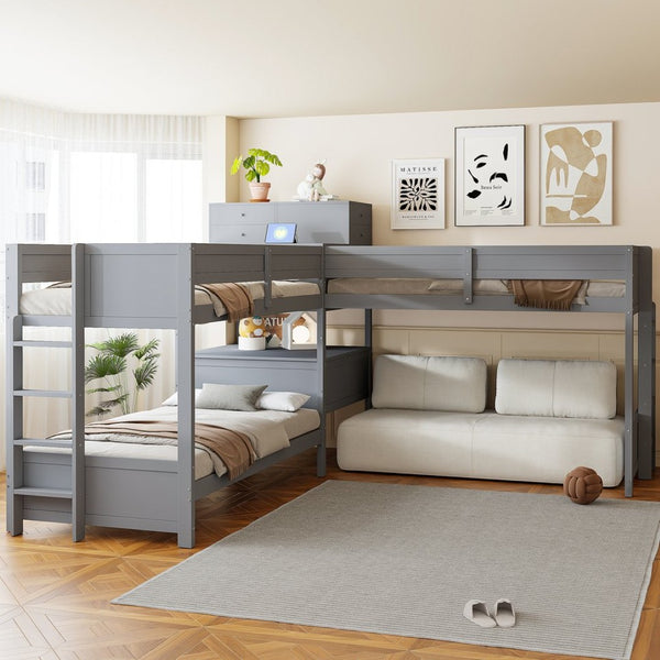 English Elm Twin L-shaped Bunk Bed Pine Wood Corner Design with Desk Drawers and Usb Charging Gray N820S00079E